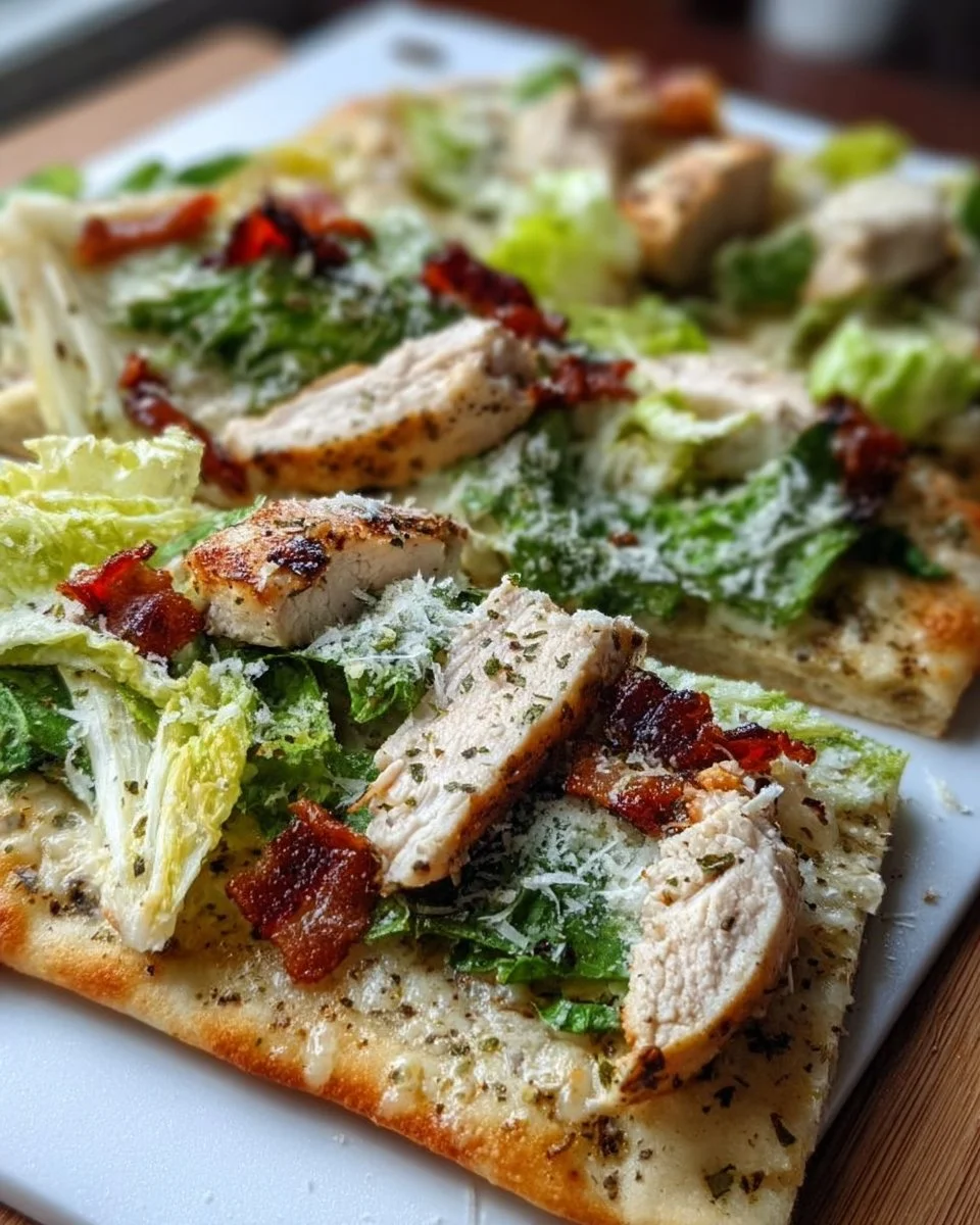 Delicious Chicken Caesar Flatbread with grilled chicken and Caesar dressing
