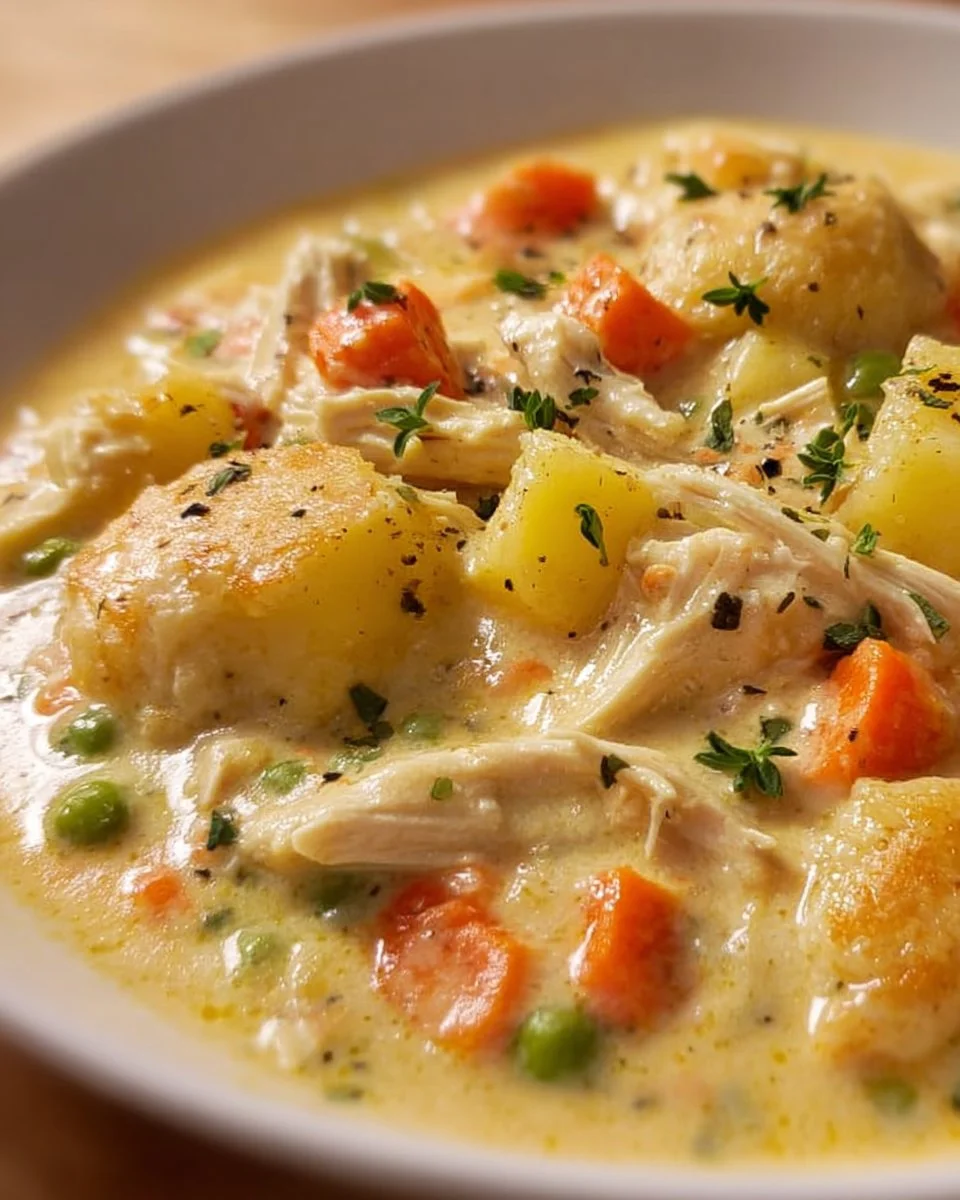 Creamy Chicken Pot Pie Soup in a bowl topped with parsley