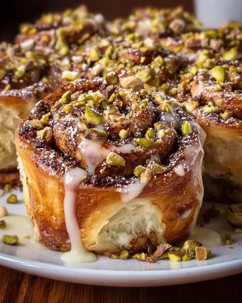 Decadent chocolate pistachio cinnamon rolls topped with creamy icing