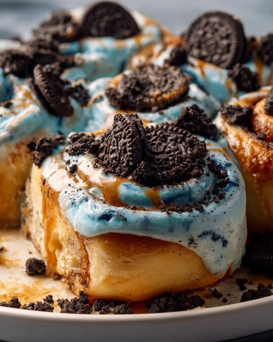 Delicious Cookie Monster cinnamon rolls with cookie crumbles and frosting