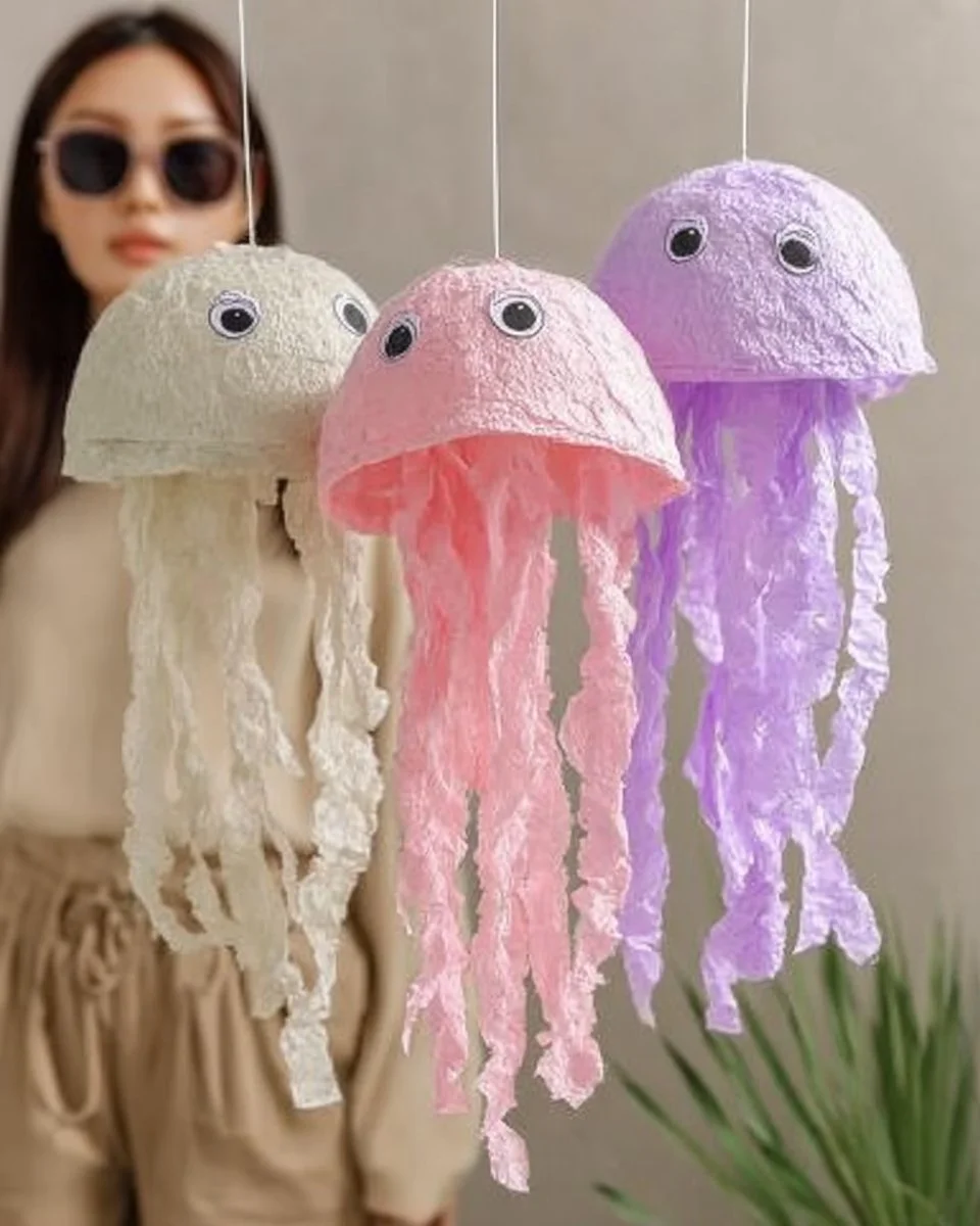 Colorful jellyfish craft made from recycled egg cartons