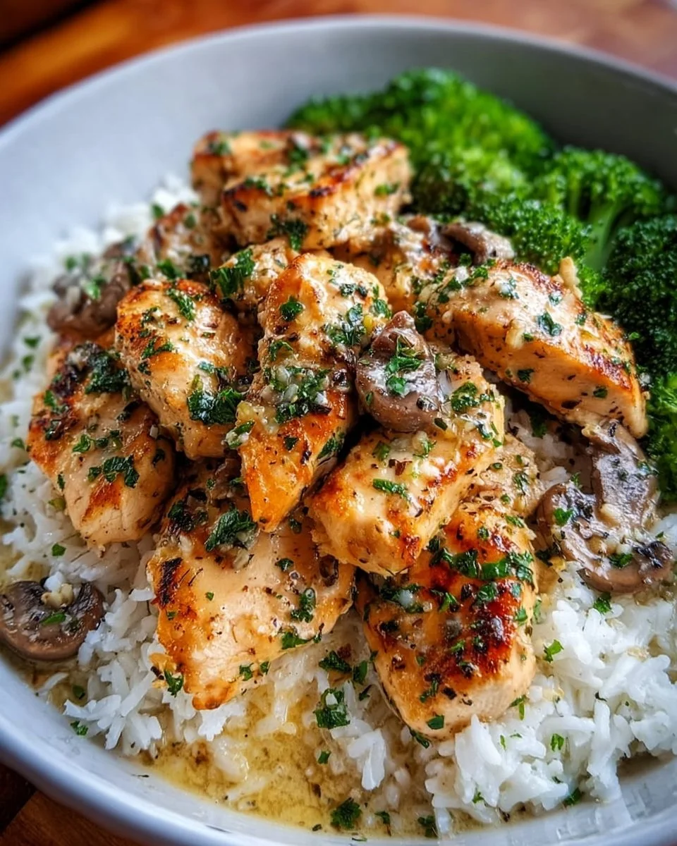 Creamy garlic chicken rice bowl served in a white dish with fresh herbs