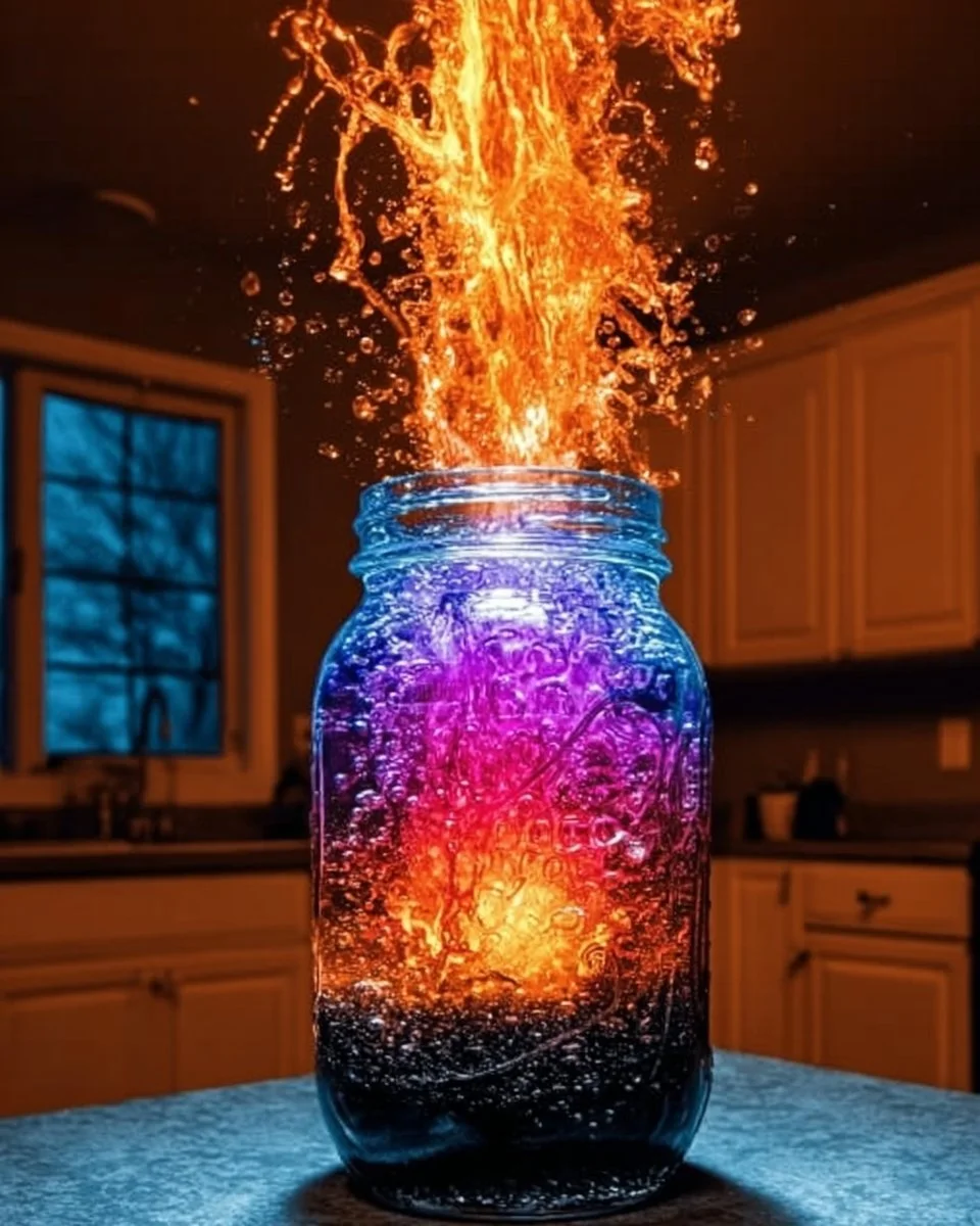 A glowing bubble explosion experiment in a jar.
