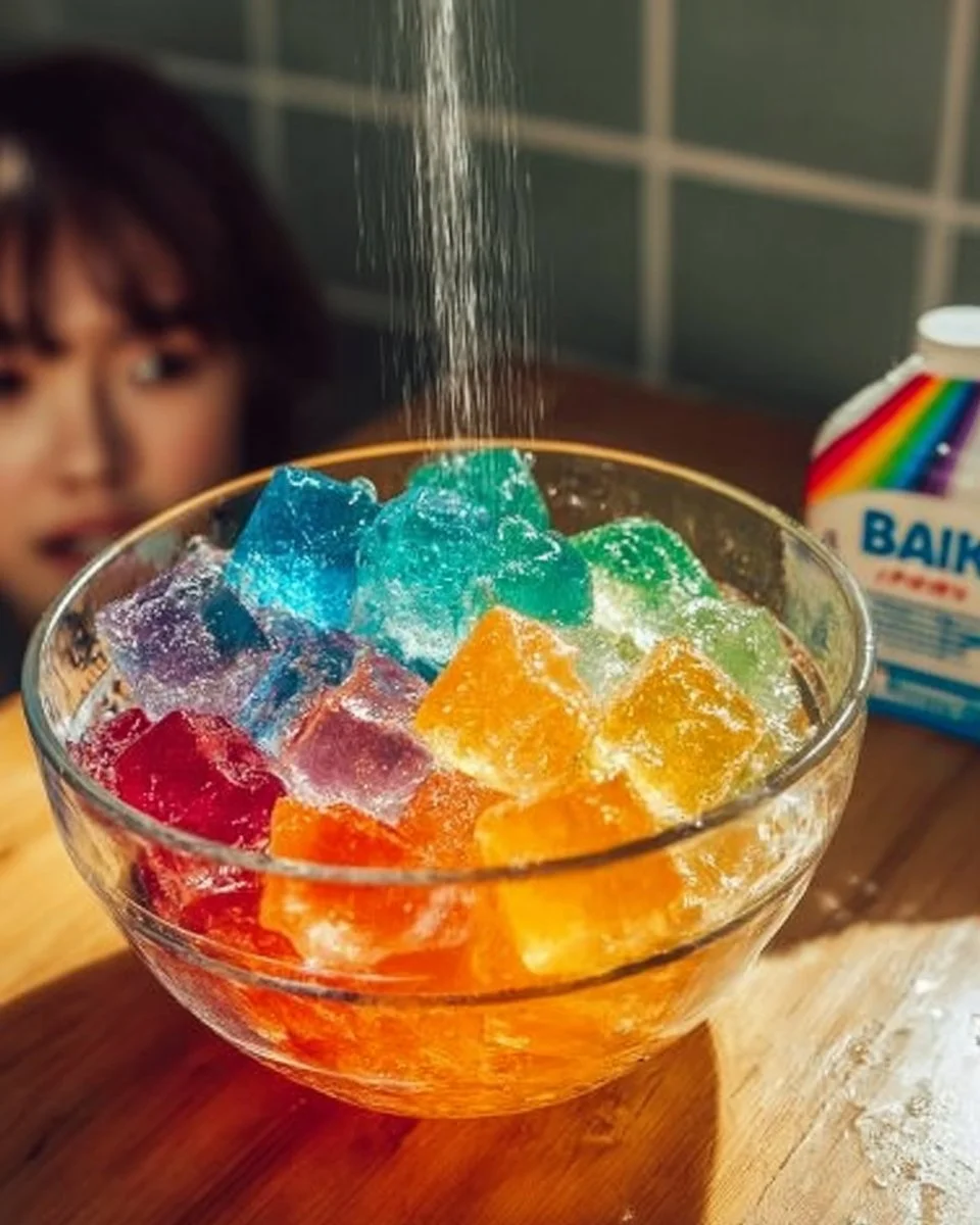 Colorful fizzing ice cubes in a bowl for a science experiment