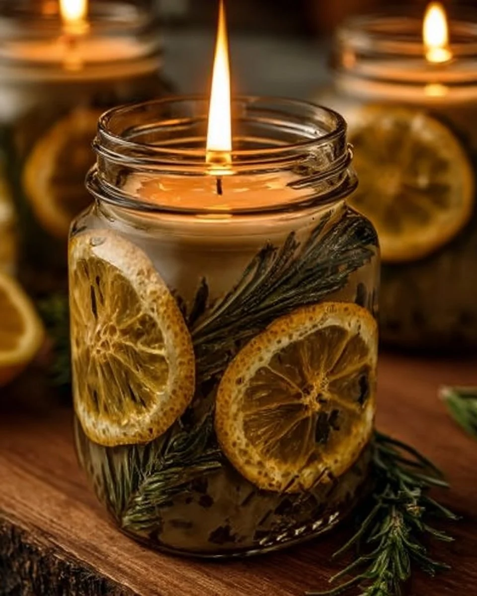 Homemade bug repellent ingredients in a jar on a wooden table