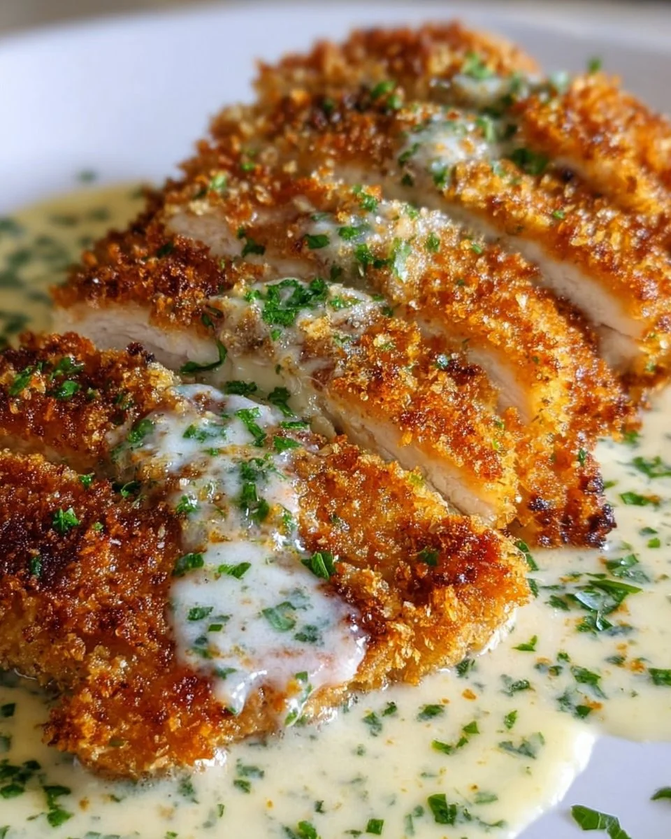 Crispy Parmesan Chicken served with creamy garlic sauce on a plate