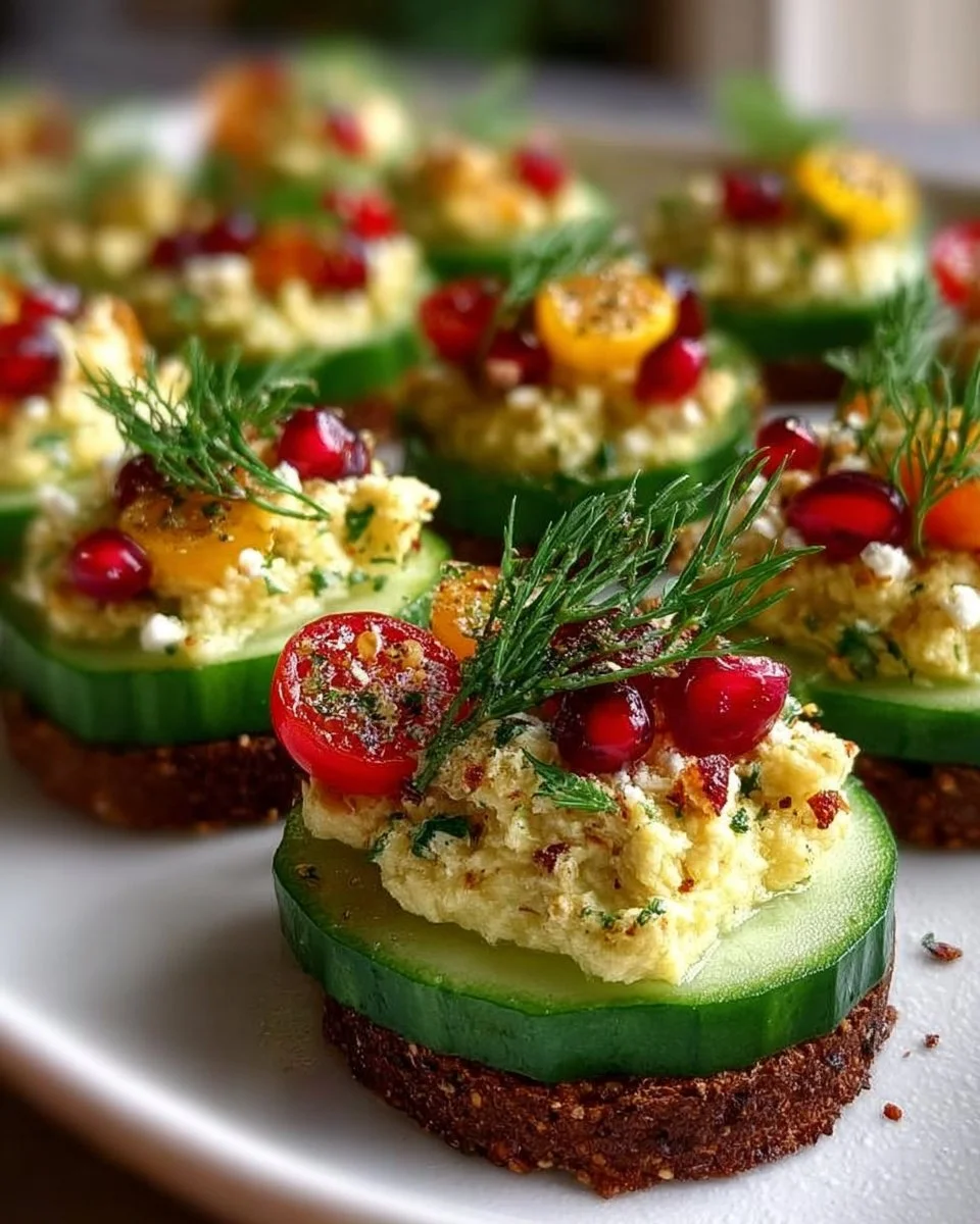 Delicious cucumber hummus bites served on a platter with fresh vegetables