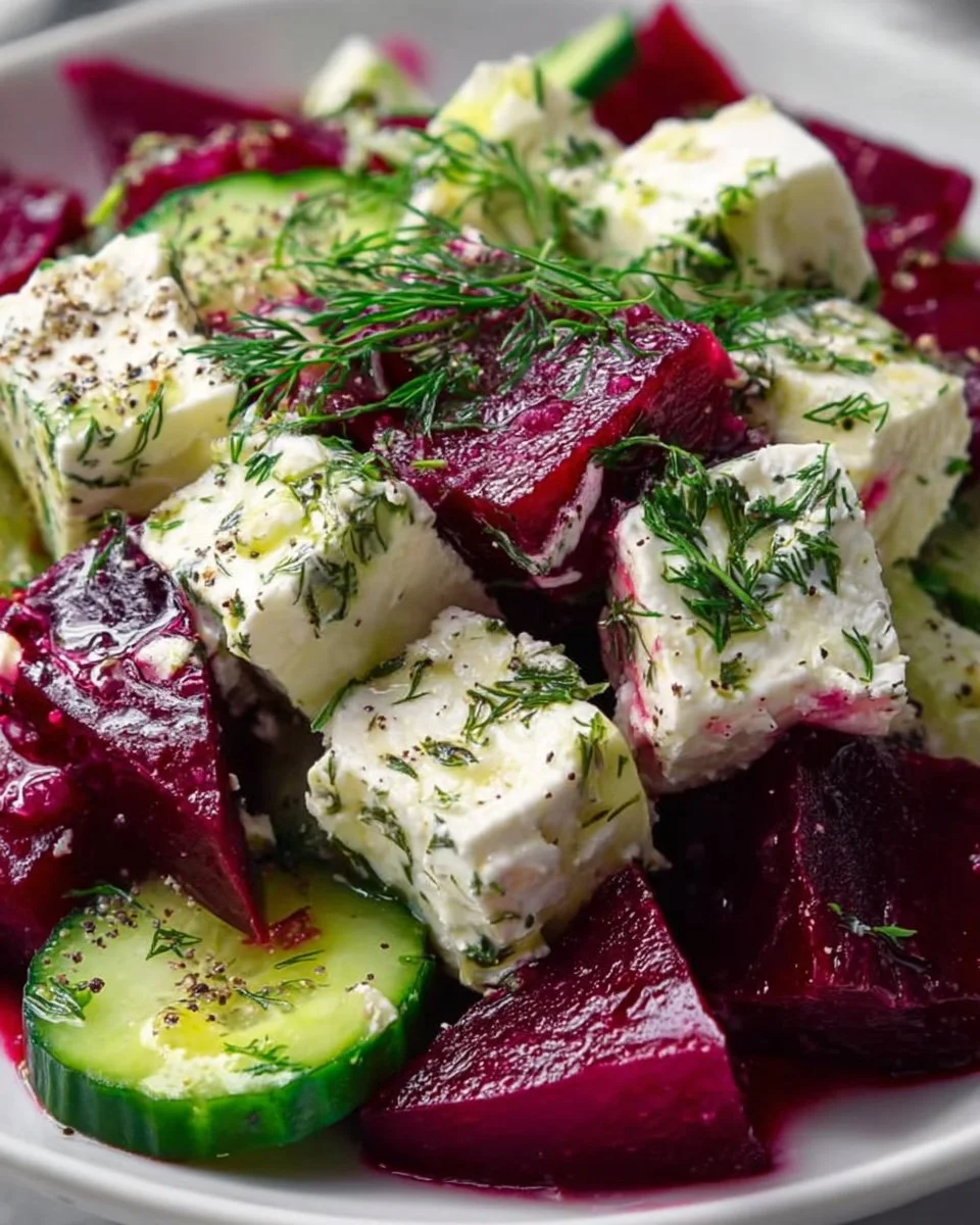 Feta Salad with Cucumber and Dill served in a bowl with fresh herbs