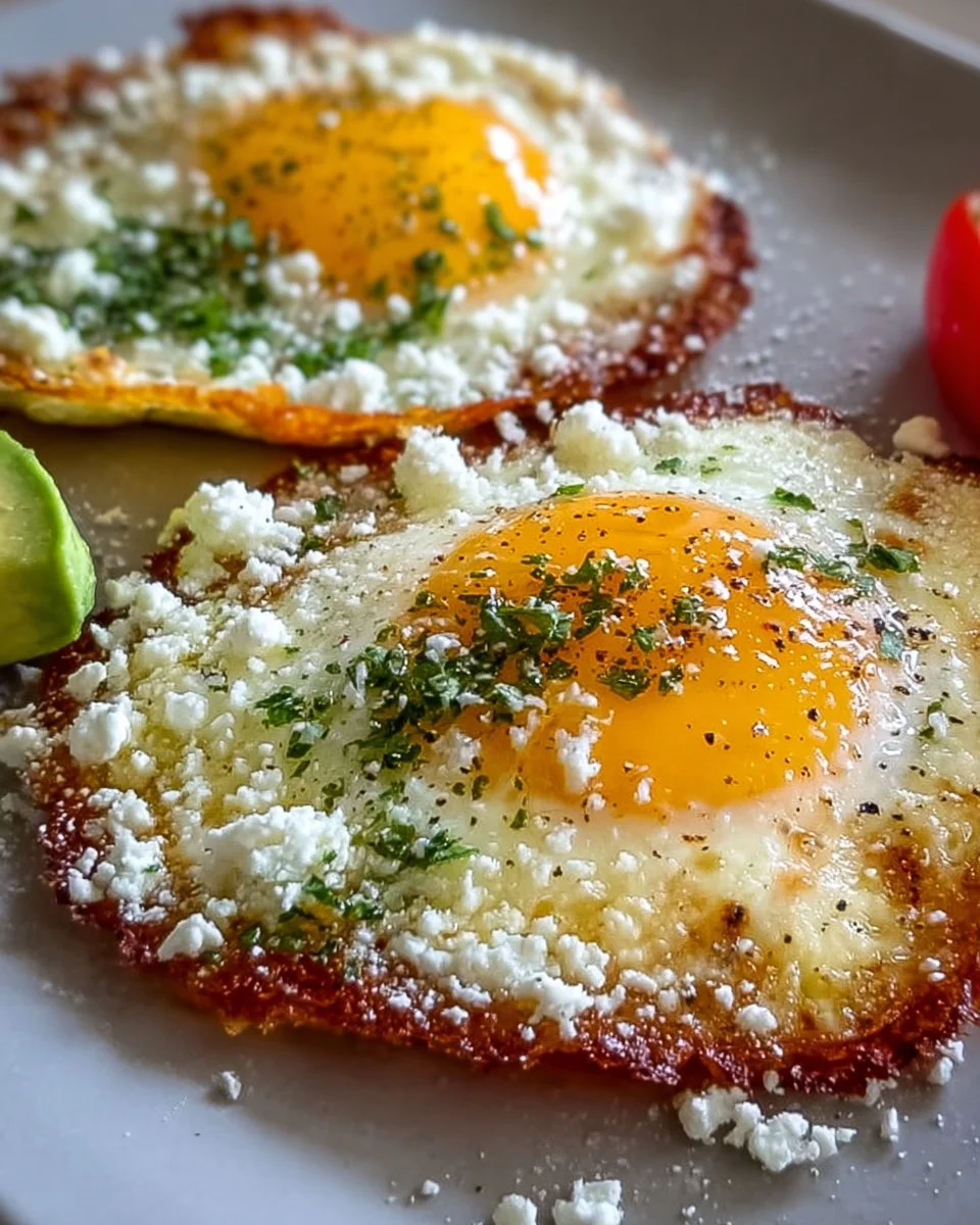 Delicious fried eggs topped with crumbled feta cheese on a plate.