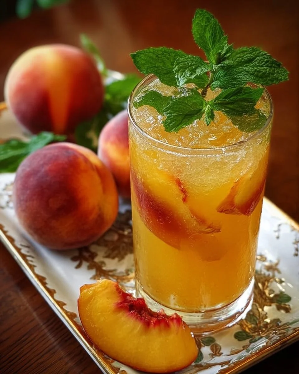 A refreshing Ginger Peach Sparkler Mocktail served in a stylish glass with fresh peach slices.
