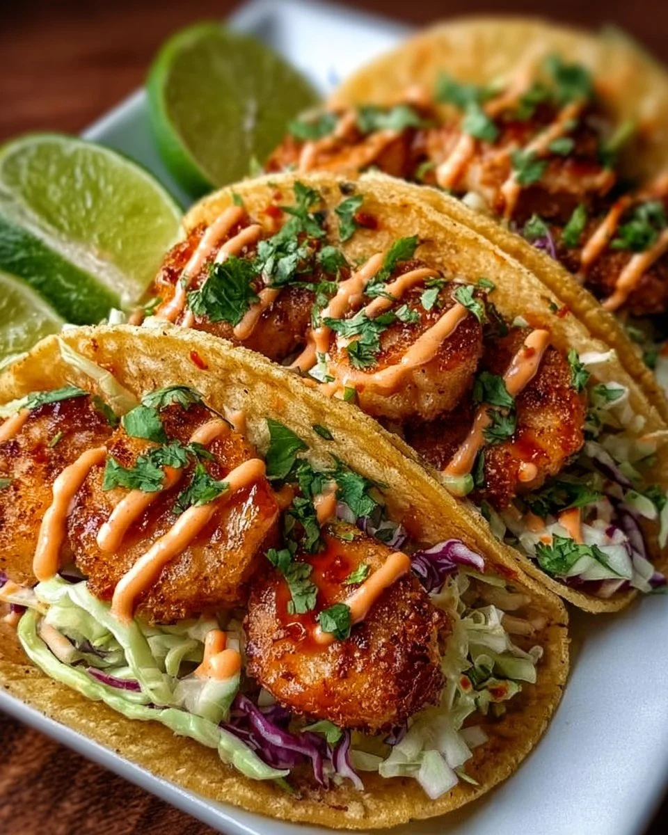 Golden air-fried shrimp tacos drizzled with zesty Bang Bang sauce