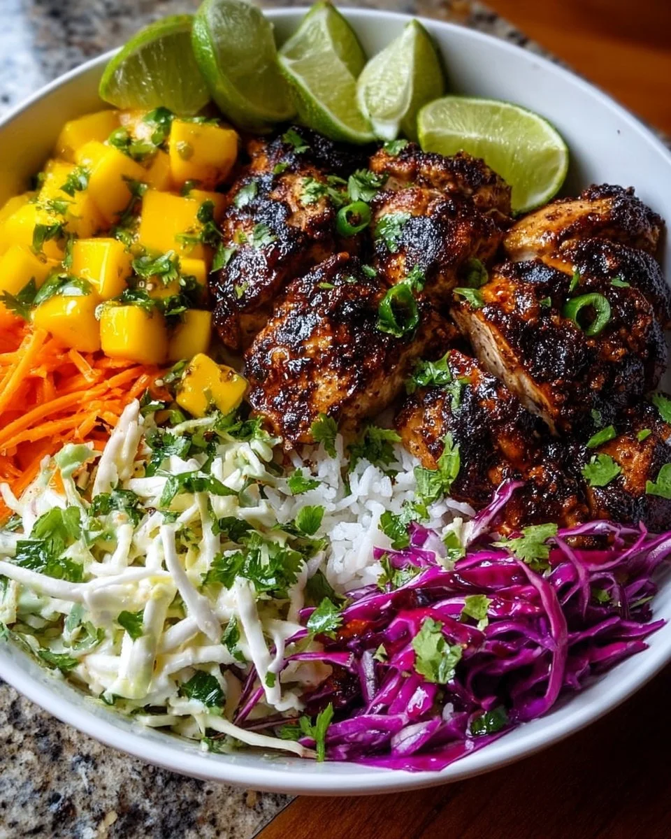 Delicious Jerk Chicken and Mango Slaw Bowl topped with vibrant ingredients