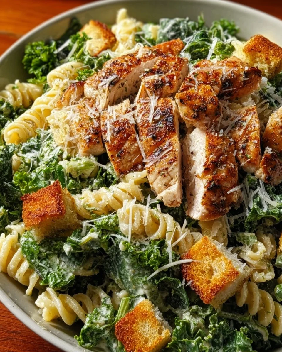 Kale Chicken Caesar Pasta Salad topped with grilled chicken and parmesan cheese