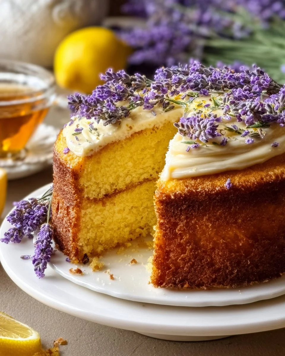 Lemon Lavender Cake with slices and decorative lavender sprigs