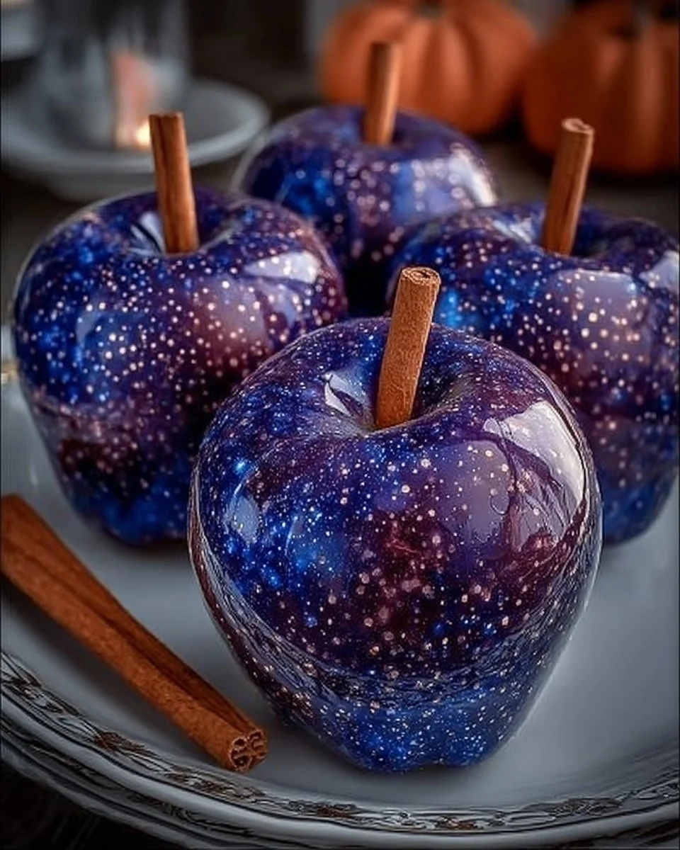 Festive 4th of July glow-in-the-dark candy apples displayed on a table