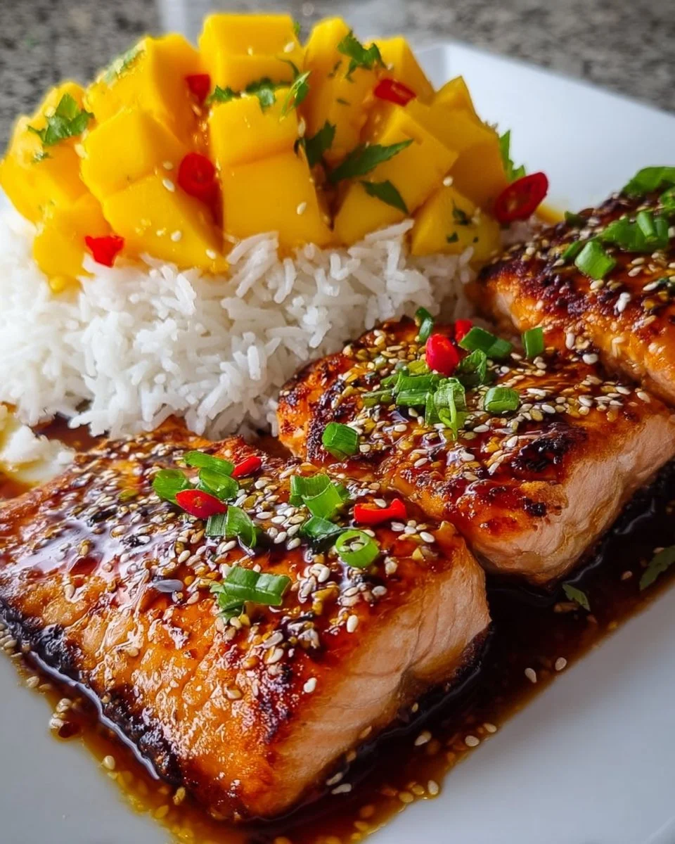Mango Teriyaki Salmon dish garnished with fresh herbs and mango slices
