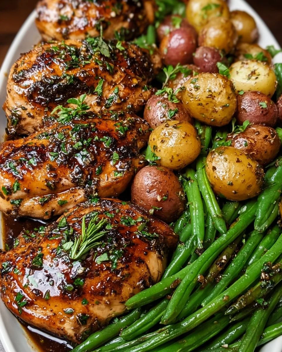 One-Pan Balsamic Chicken served with green beans and potatoes on a plate.