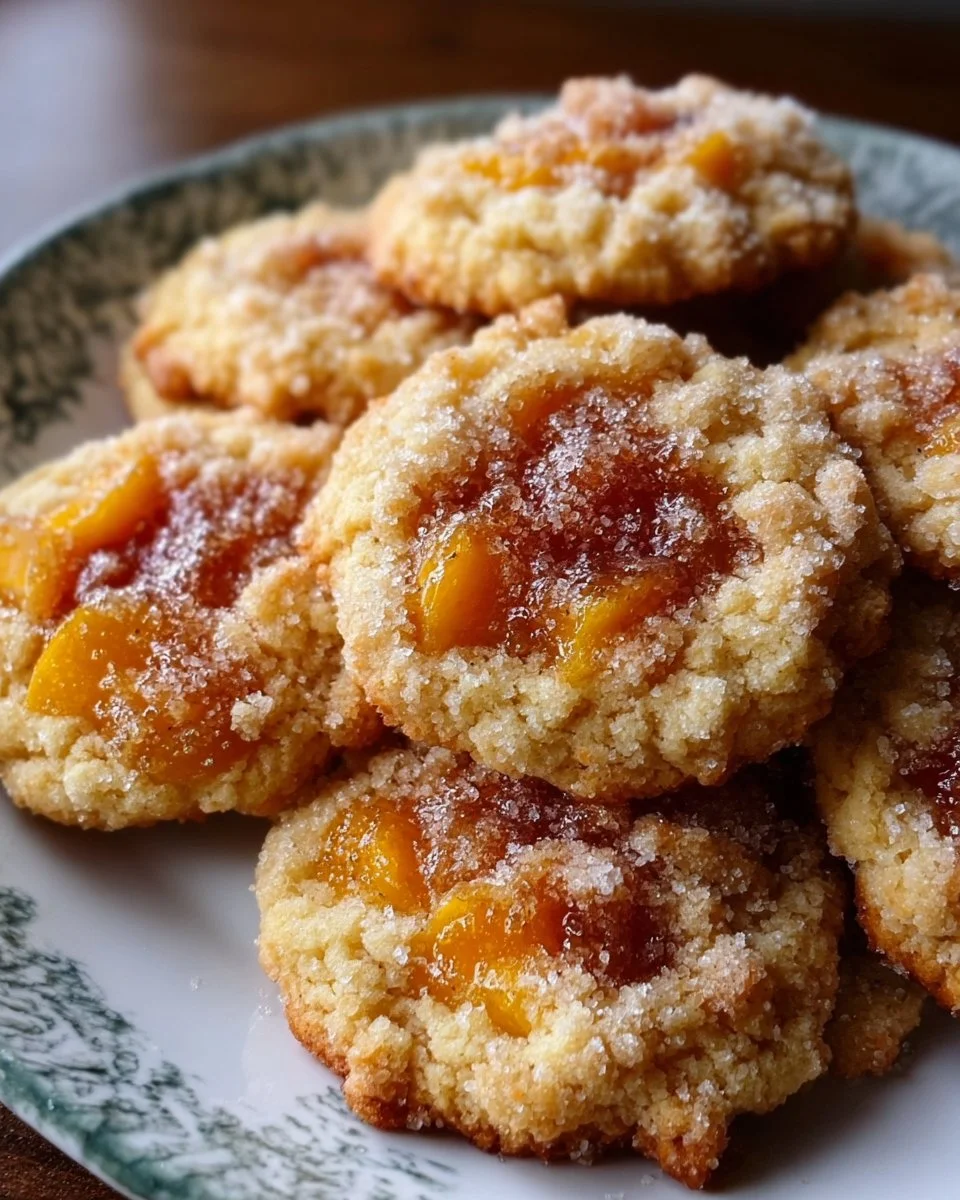 Freshly baked peach cobbler cookies on a baking sheet