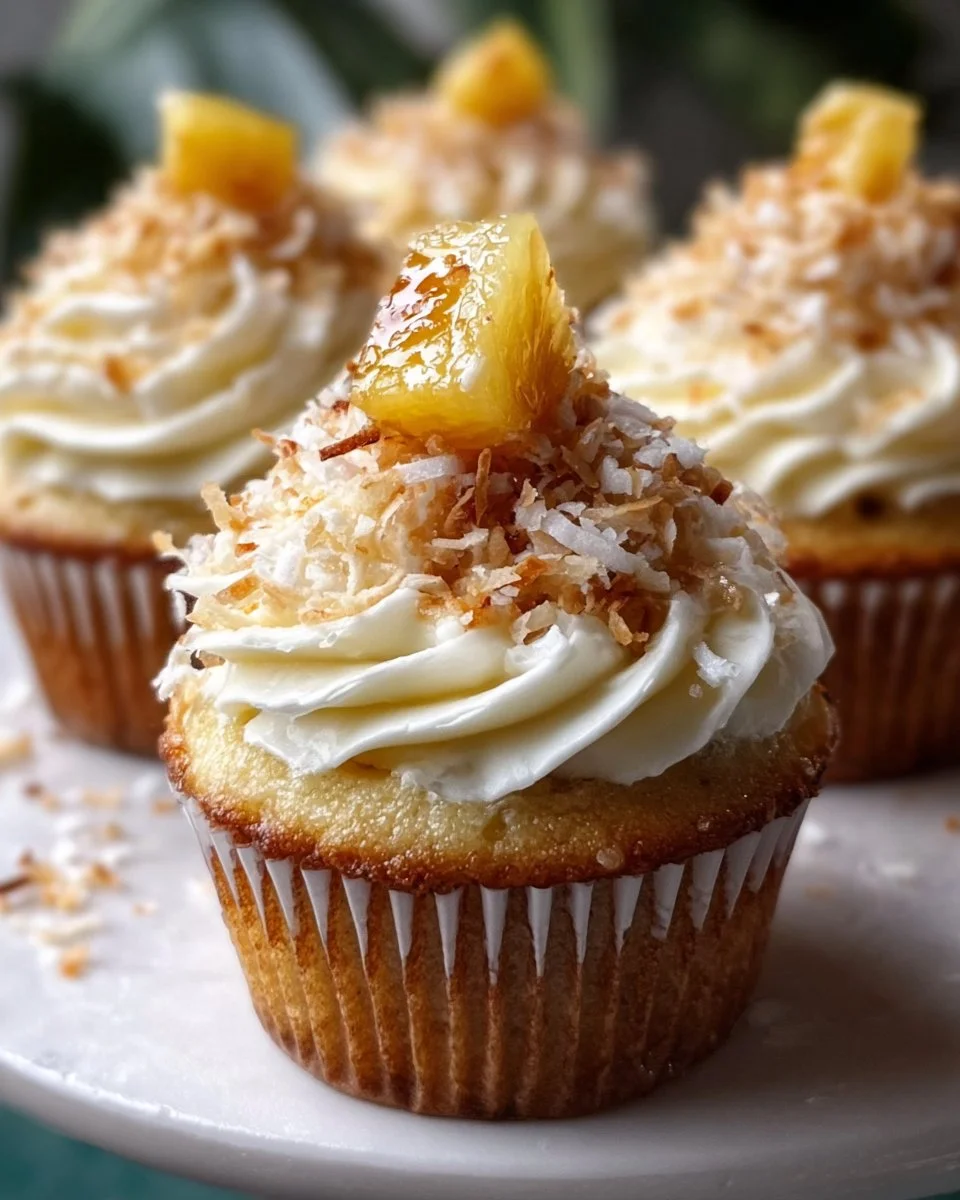 Delicious Pina Colada Cupcakes with coconut cream frosting on a wooden table