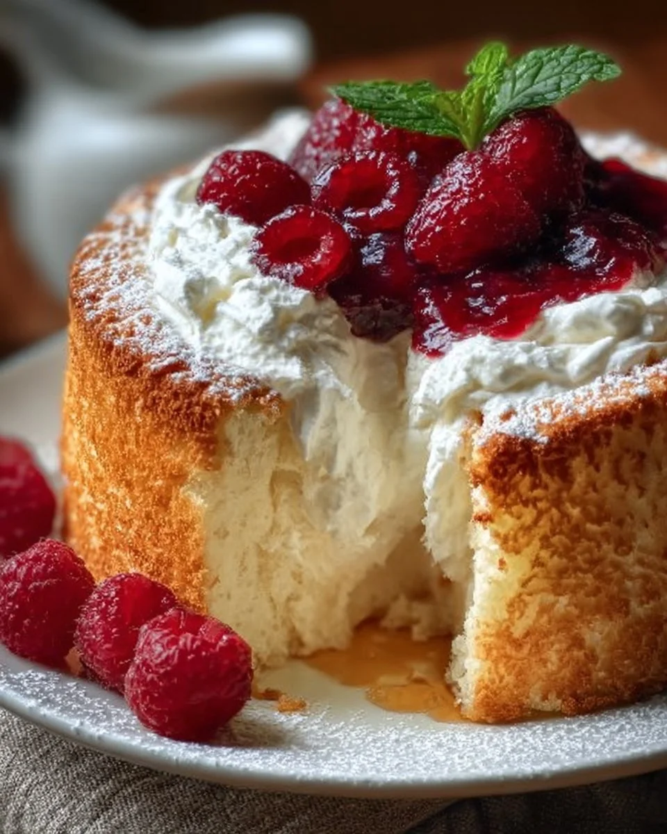 Light and fluffy Raspberry Angel Food Cake topped with fresh raspberries