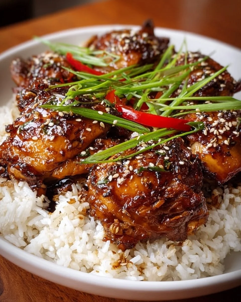 Delicious slow-cooked teriyaki chicken served with steamed rice and vegetables