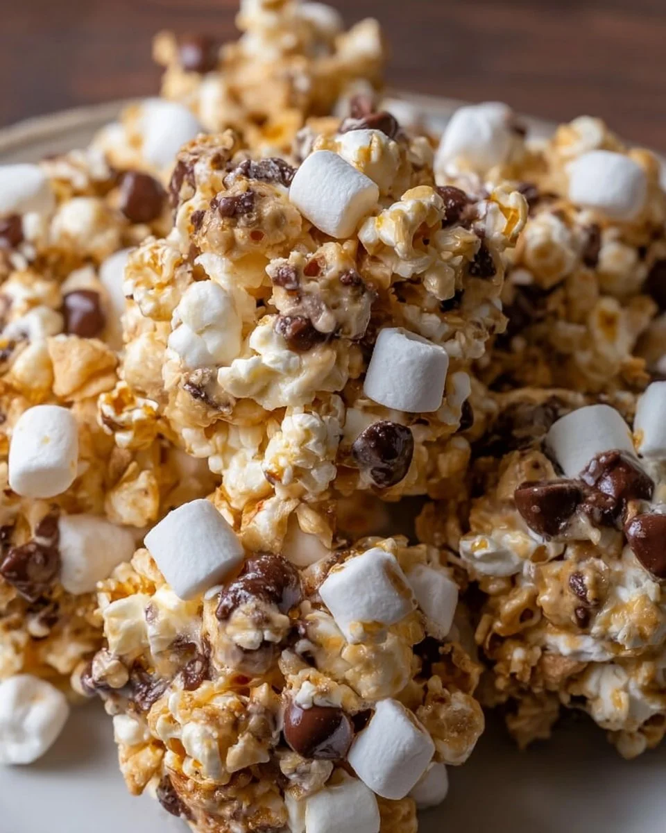 Delicious S'mores popcorn balls with chocolate and marshmallows