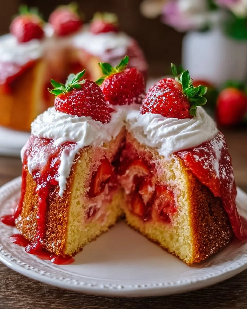 Delicious homemade Strawberry Cake topped with fresh strawberries and cream