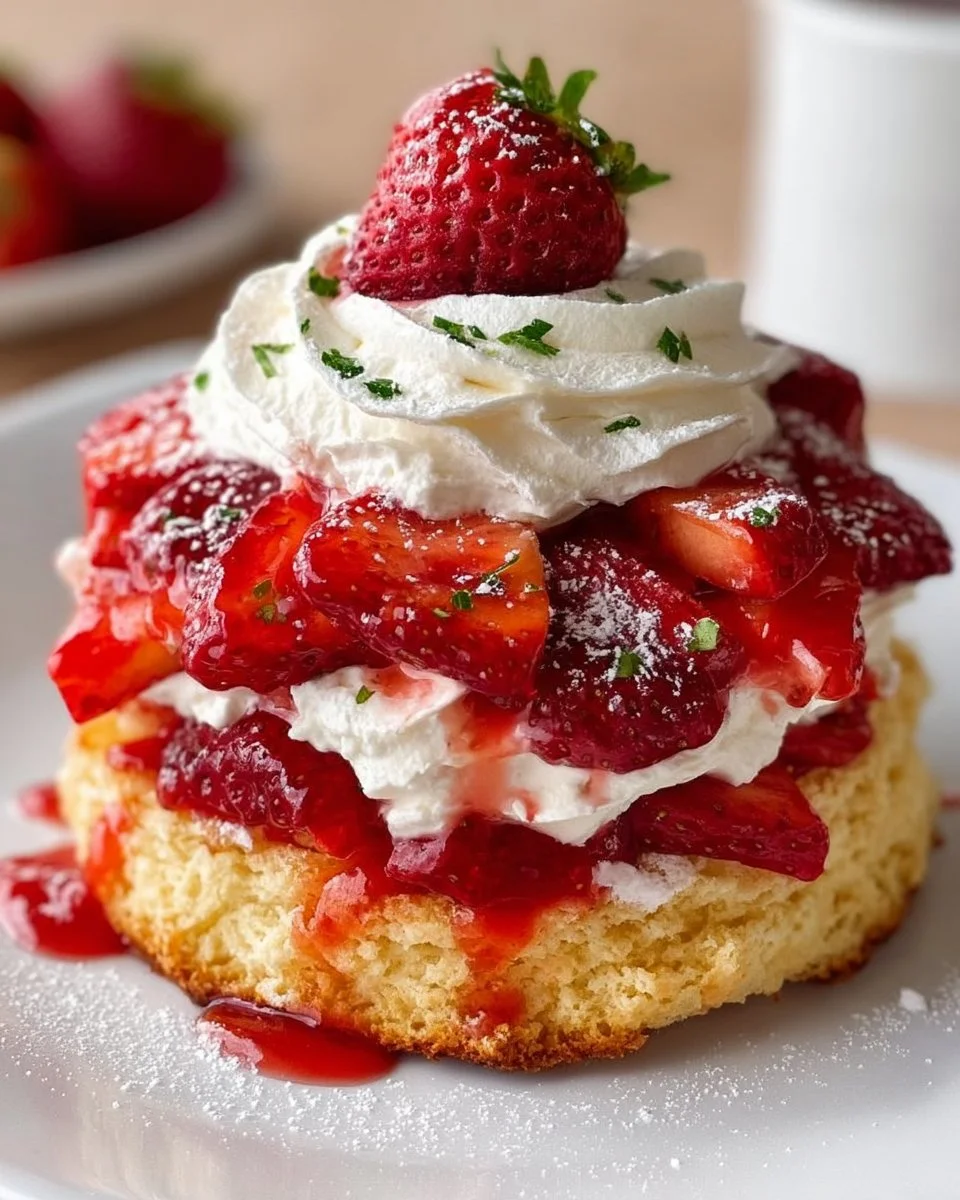 Delicious strawberry shortcake topped with fresh strawberries and cream