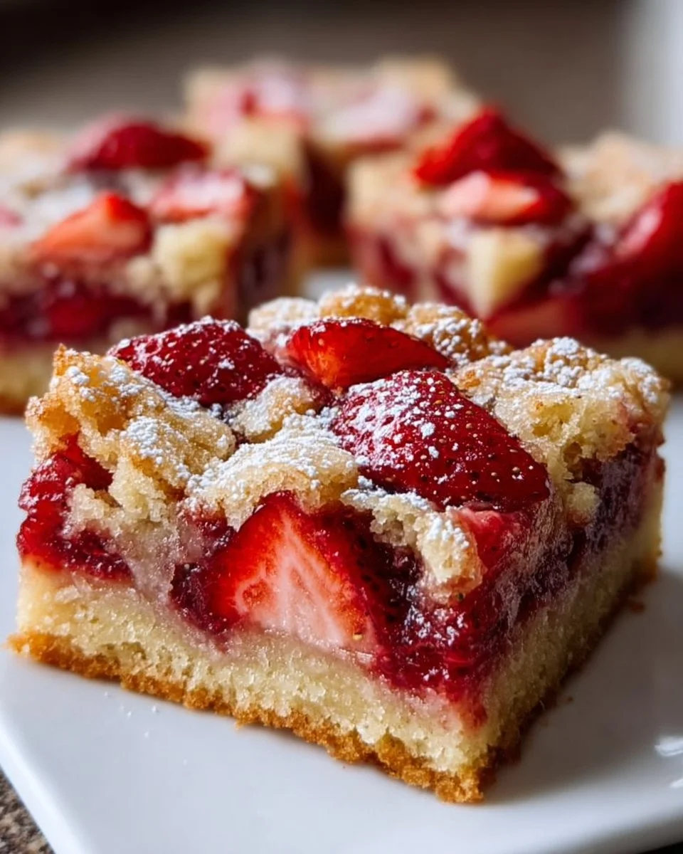 Delicious strawberry sugar cookie bars with fresh strawberries and sugar topping