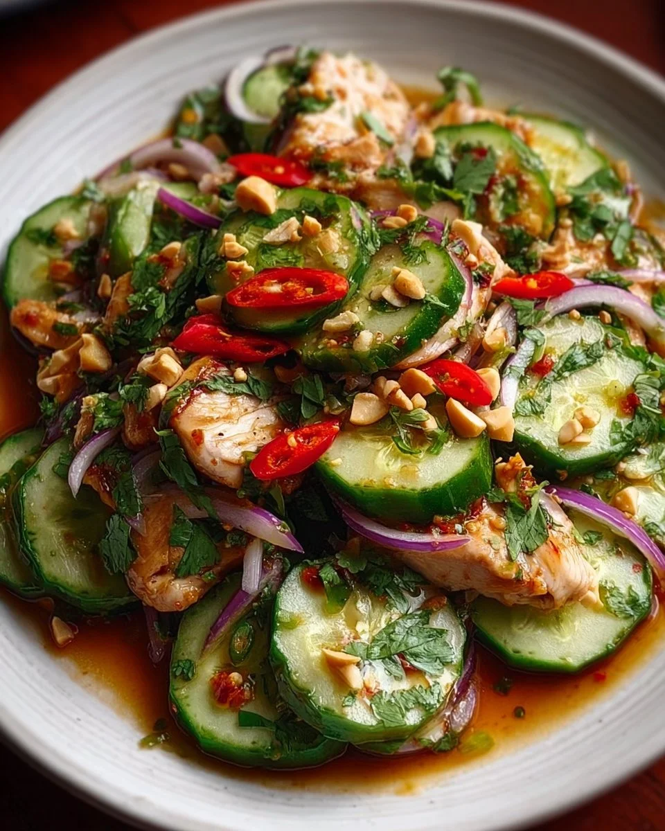 Thai Cucumber Salad with Grilled Chicken served in a bowl
