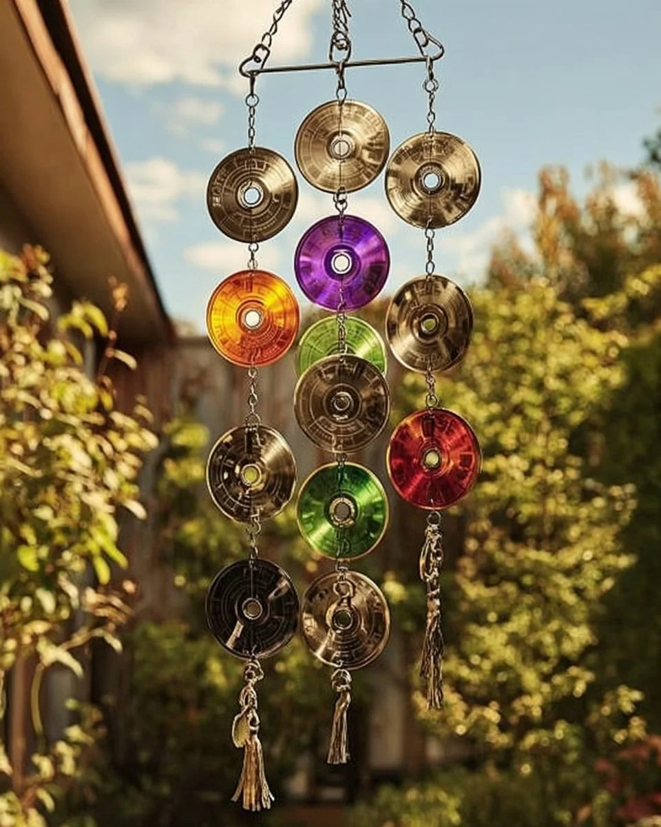 DIY wind chimes made from old CDs hanging in a garden