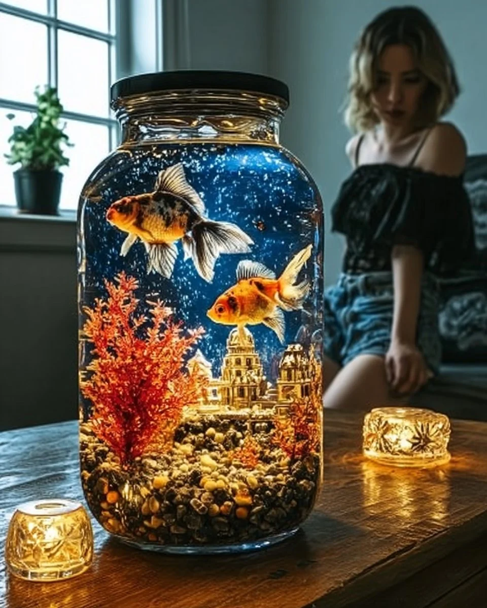 Stunning mason jar aquarium lamp with glowing fish and aquatic plants