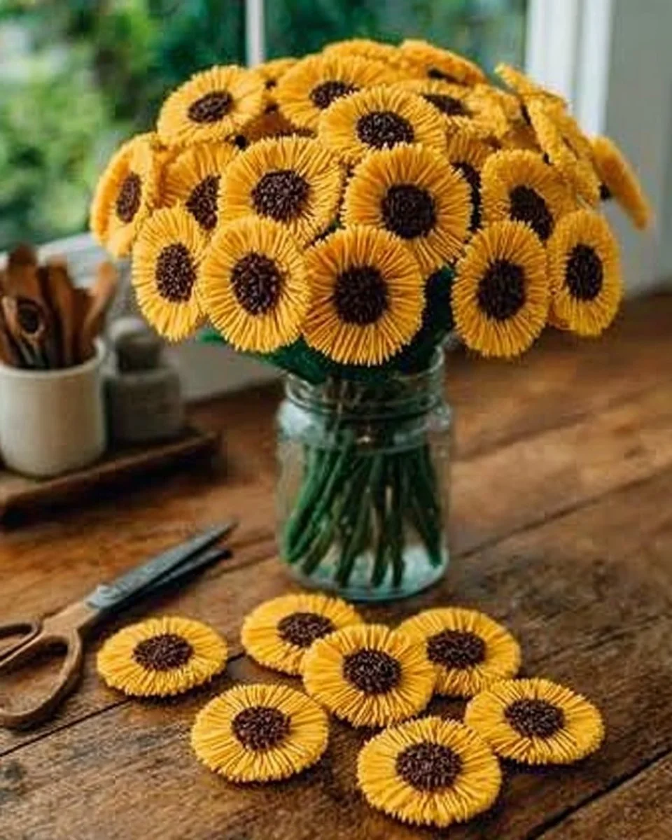 Handcrafted yarn sunflower bouquet showcasing yellow and green yarn flowers.