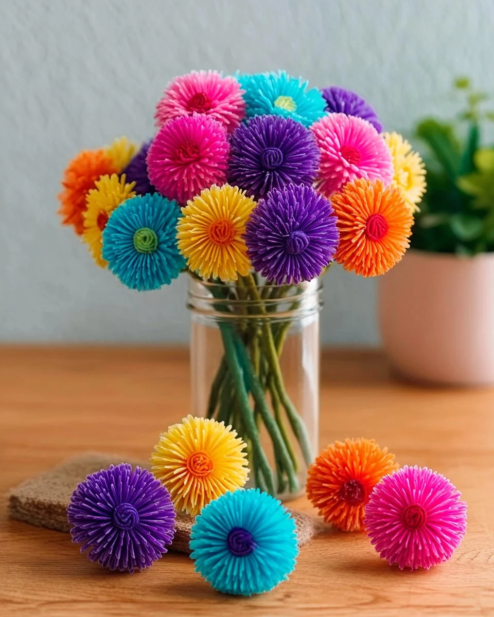 Colorful rainbow yarn flowers in a sunny indoor setting