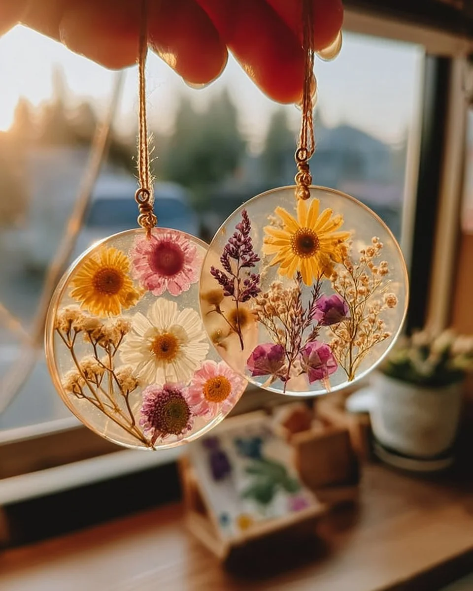 Diy flower suncatcher craft displayed in a bright window, showcasing vibrant colors.