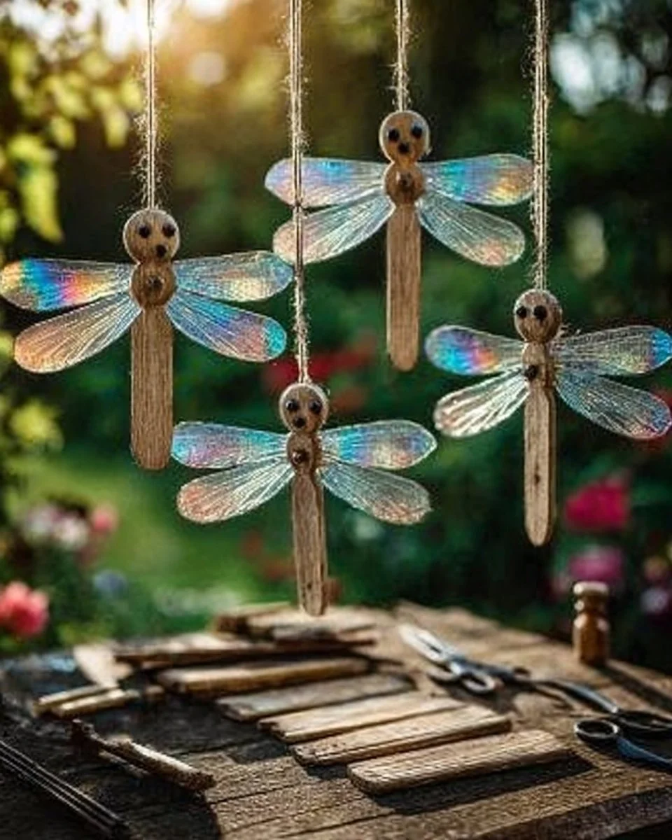 Colorful CD dragonfly sun catchers reflecting sunlight in a bright room