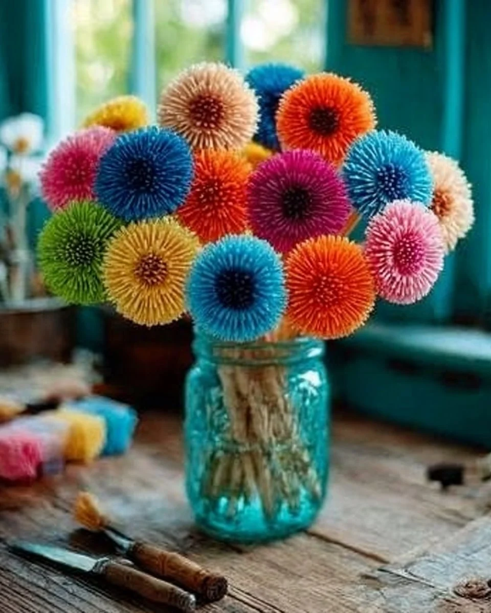 Colorful Rainbow Yarn Daisy Bouquet crafted from vibrant yarn flowers.