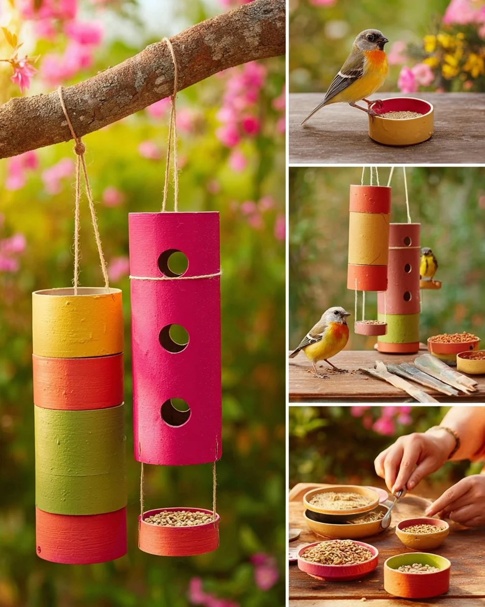 Colorful pool noodle bird feeder hanging in a tree for attracting birds