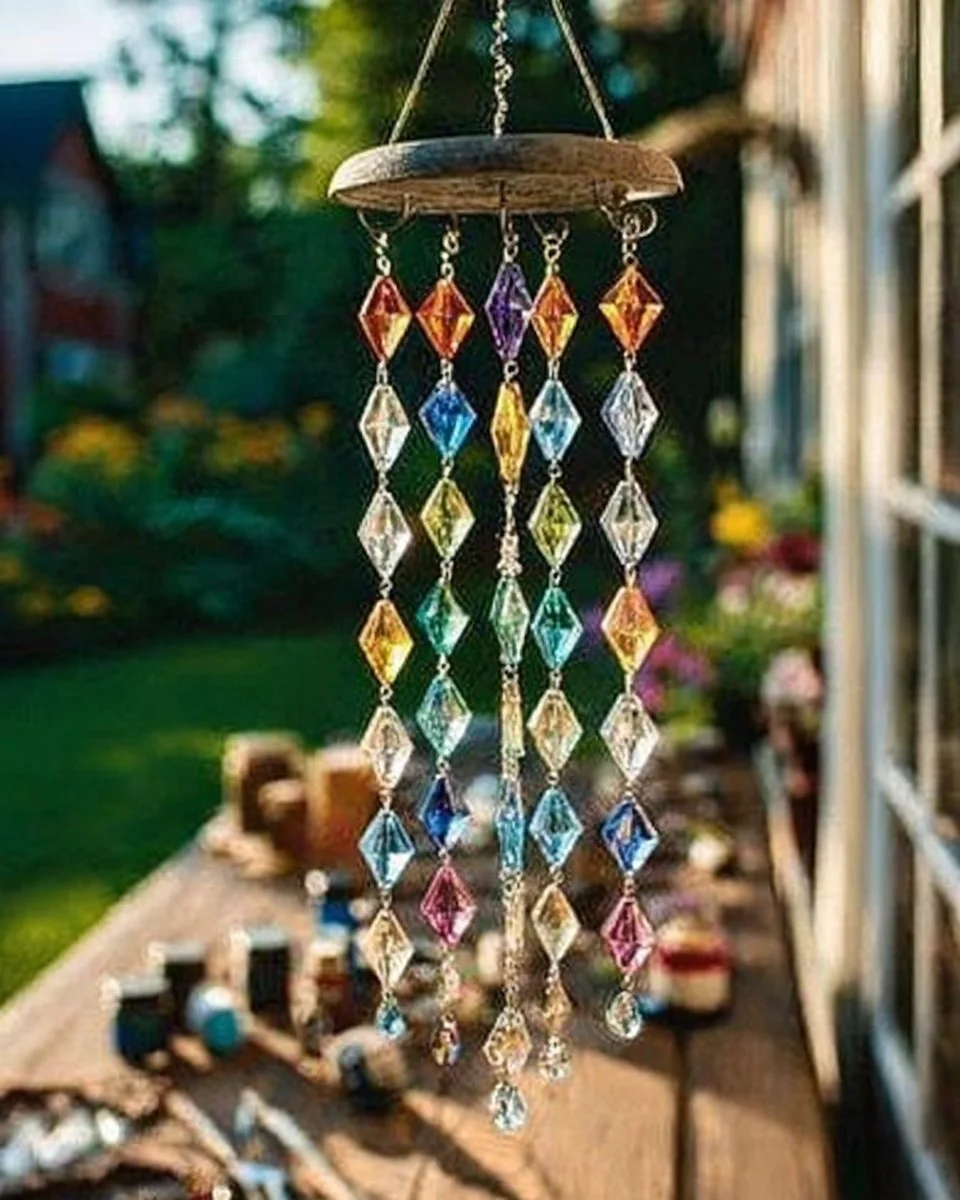 Colorful DIY rainbow wind chimes made from CDs hanging outdoors.