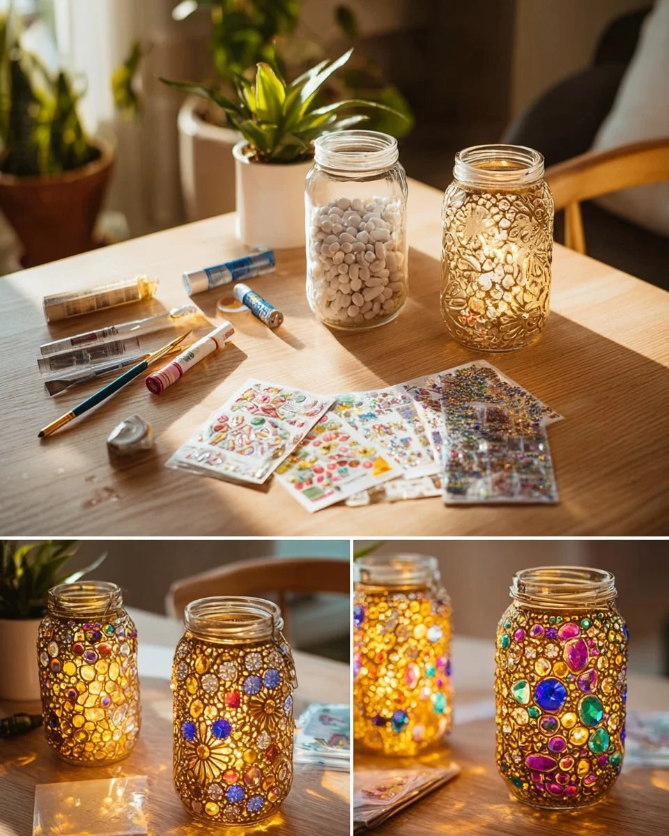 DIY colorful gem mason jar lantern for home décor