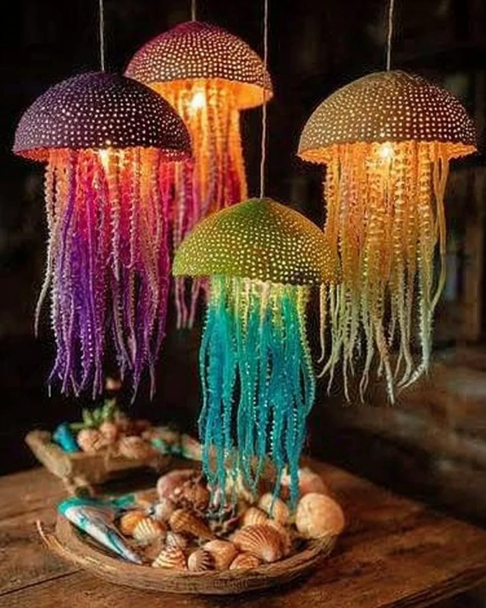 Colorful jellyfish colander lanterns illuminating a stunning underwater scene.