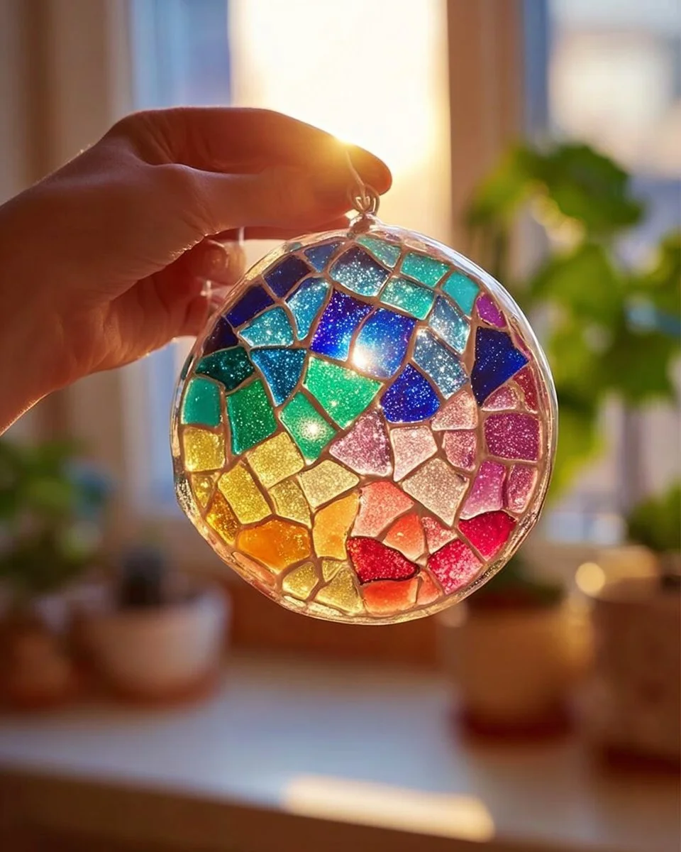 Clear glue mosaic suncatcher hanging near a window, showcasing vibrant colors.
