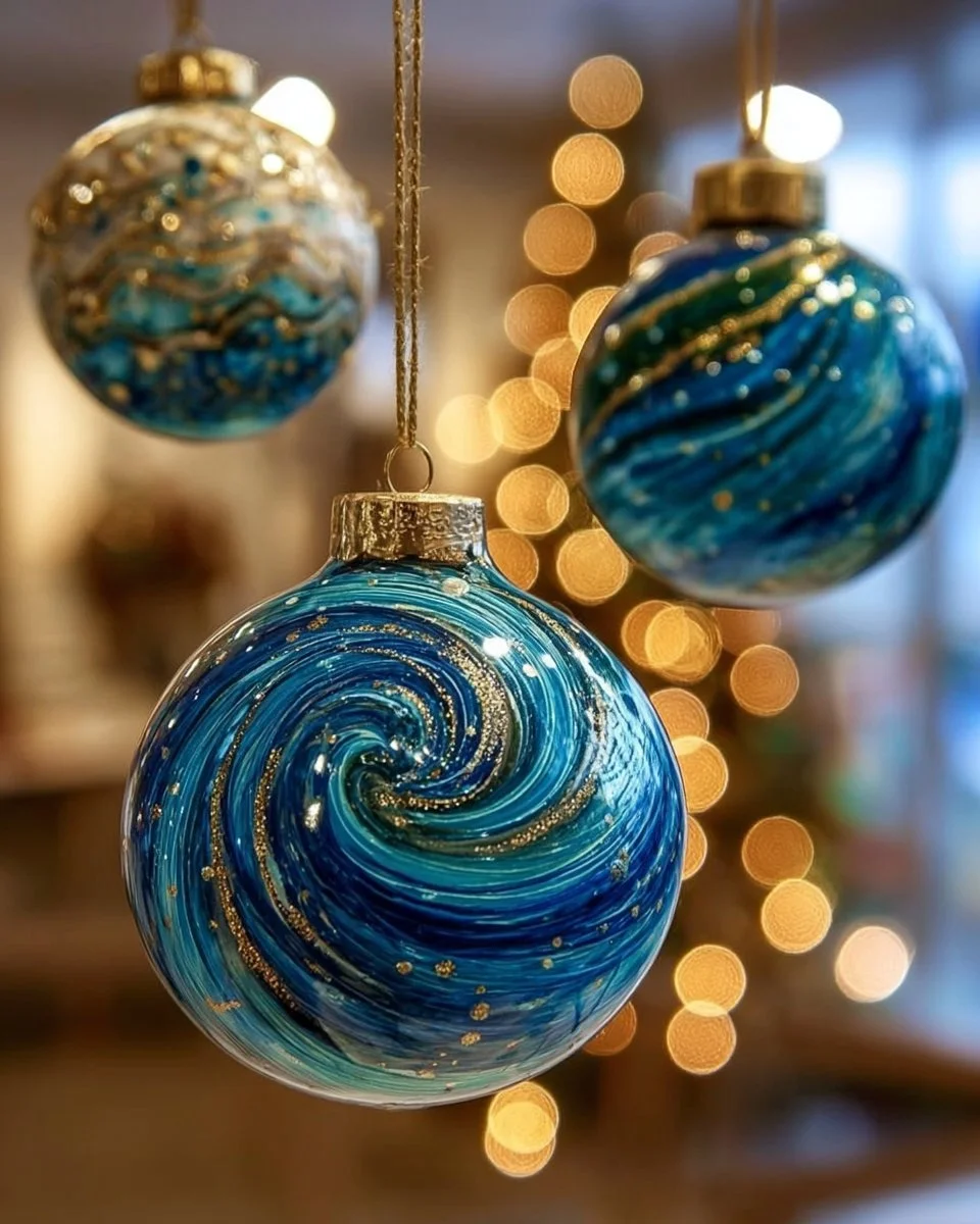 DIY galaxy ornaments created with dish soap for festive holiday decoration.