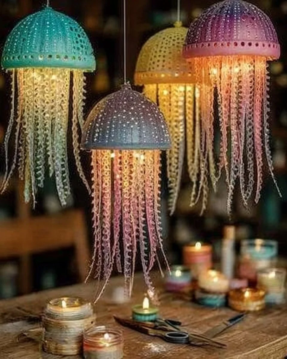 A beautifully crafted jellyfish lantern glowing in the dark, showcasing creativity.