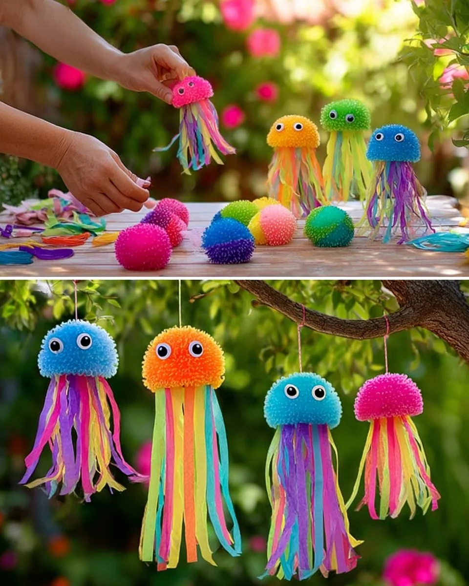 Colorful pool noodle jellyfish craft decoration for summer parties.