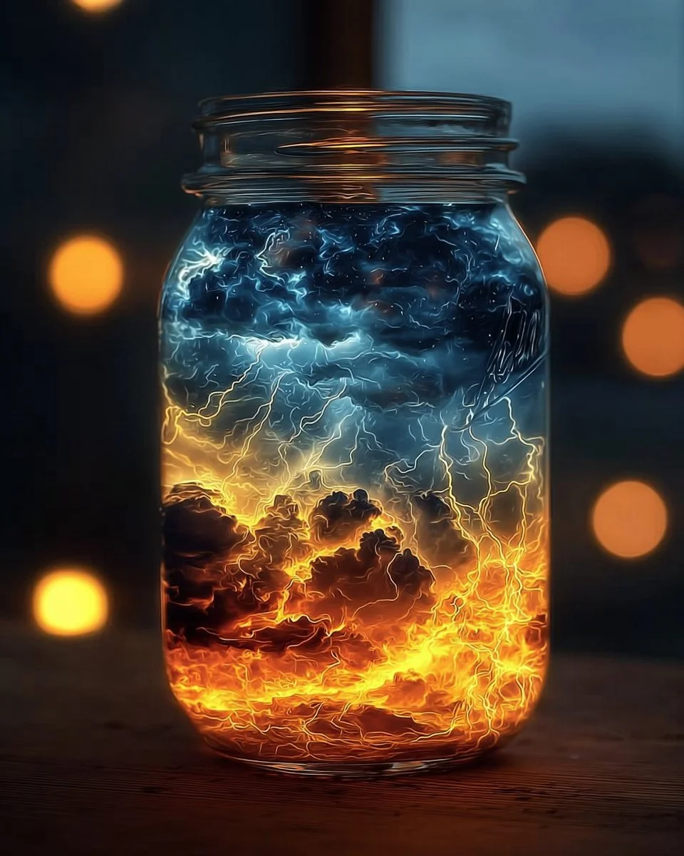 A DIY lightning storm in a jar experiment showcasing swirling clouds and spark effects.