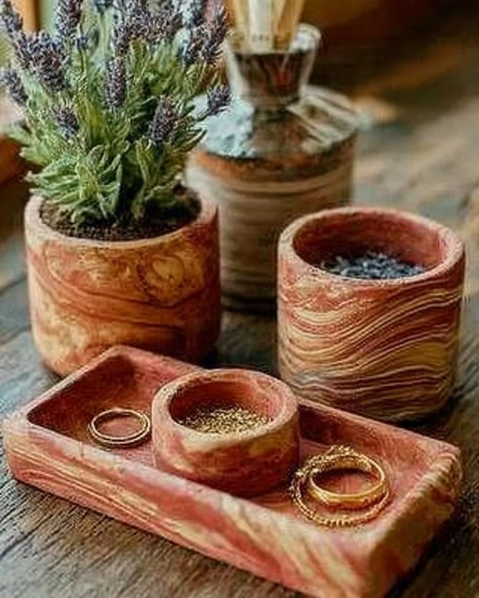 Colorful marbled clay pots designed for creative weekend crafting projects.