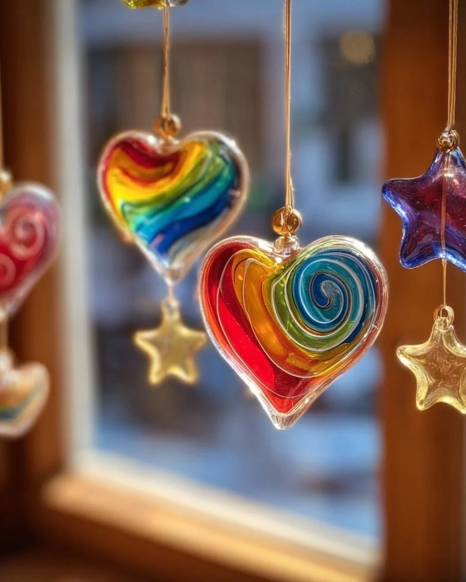 Colorful glue suncatchers hanging in a sunlit window