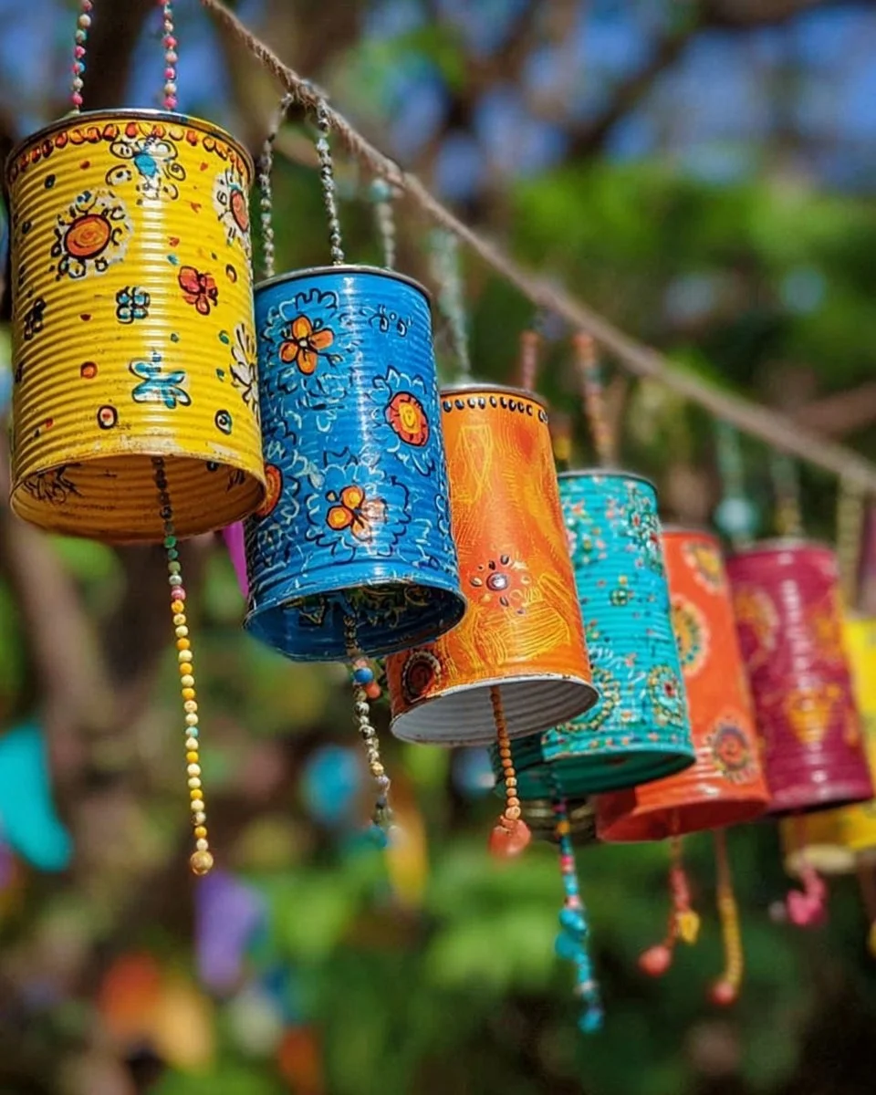 Colorful tin can wind chimes hanging in the garden