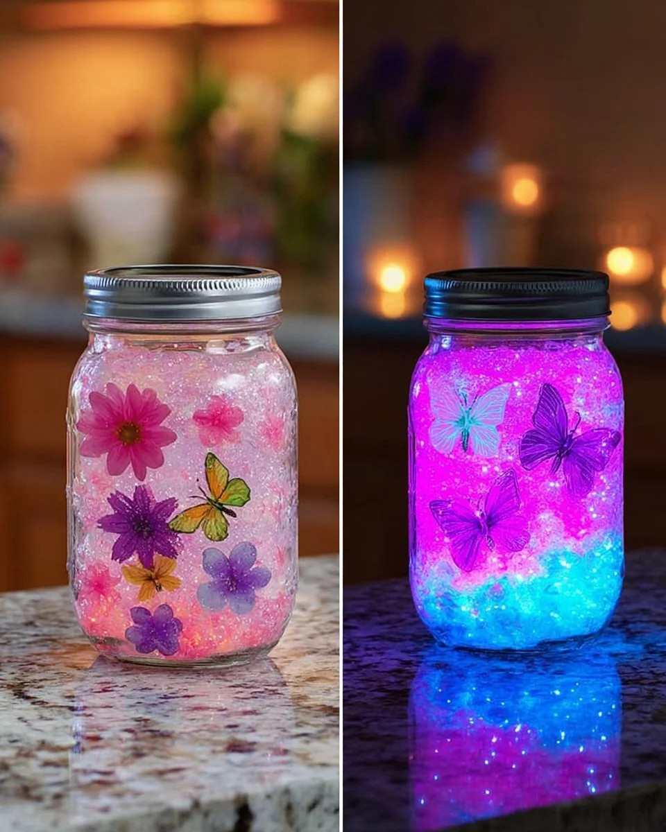 Colorful glow jar night light illuminating a dark room